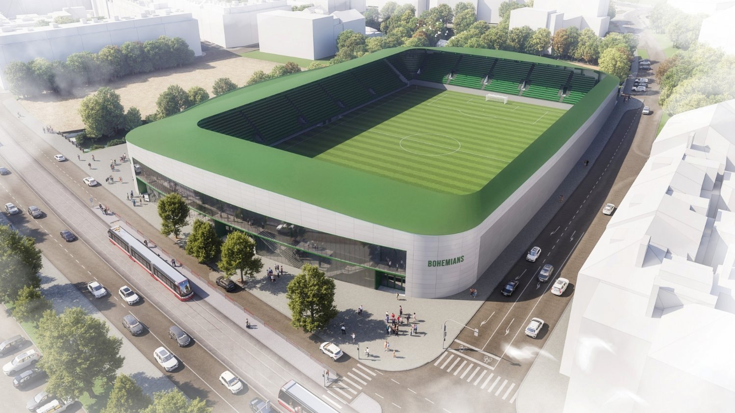 Vizualizace nového Ďolíčku z nadhledu: uzavřený stadion se zelenou střechou. Návrh představený v květnu 2025; nejde o současný stav.